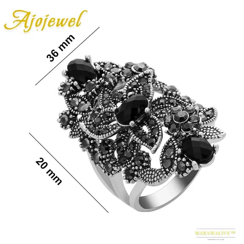 Ajojewel Vintage Retro Luxury Ring Woman Black Crystal Rhinestone Flower Jewelry Big Rings Ringen Anneau