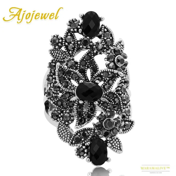 Ajojewel Vintage Retro Luxury Ring Woman Black Crystal Rhinestone Flower Jewelry Big Rings Ringen Anneau