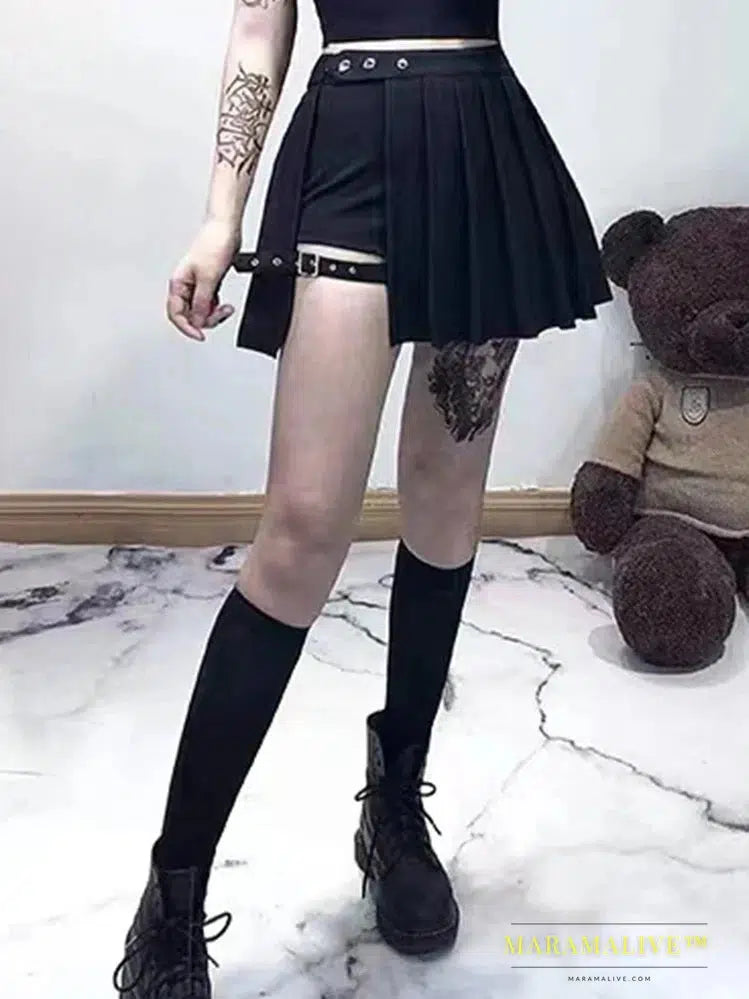 AltGoth Punk Mall Goth Shorts Skirt Women Y2k E-girl Streetwear Leg Ring Buckle Detachable High Waist Emo Alt Clubwear