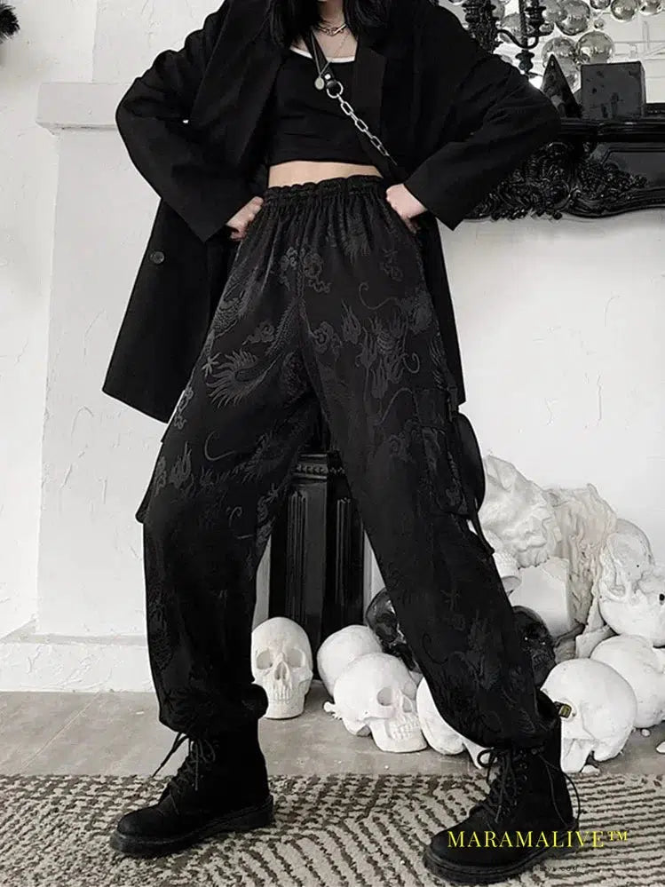 AltGoth Retro Mall Goth Pants Women Dragon Printed High Waist Loose Straight Trousers Street Grunge Dark Cargo Pants