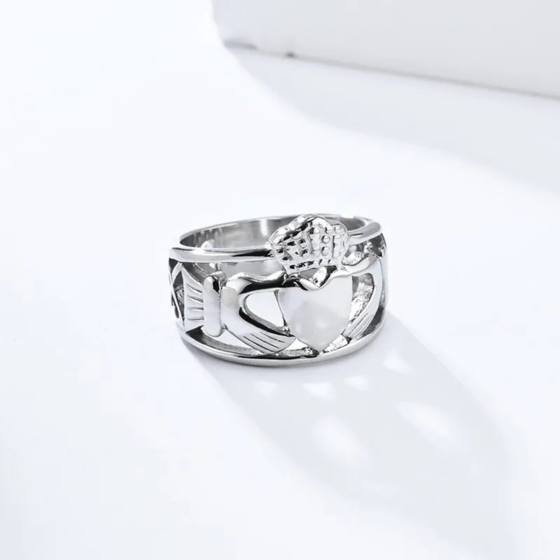 Ancient Style Stainless Steel Irish Claddagh Heart Crown Wedding Band - Unisex Vintage Promise Friendship Ring