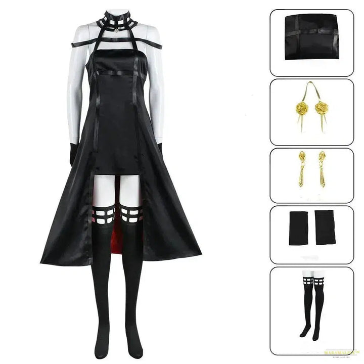 Anime Spy X Family Yor Forger Cosplay Gothic Halter Black Dress Leather Stockings Outfit Yor Earring Wig Women Clothes