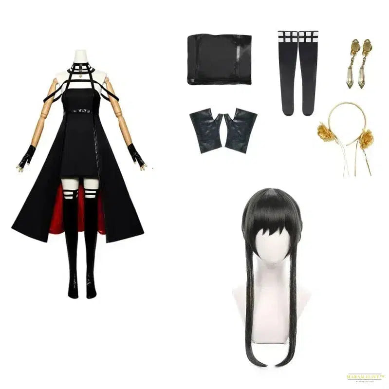 Anime Spy X Family Yor Forger Cosplay Gothic Halter Black Dress Leather Stockings Outfit Yor Earring Wig Women Clothes