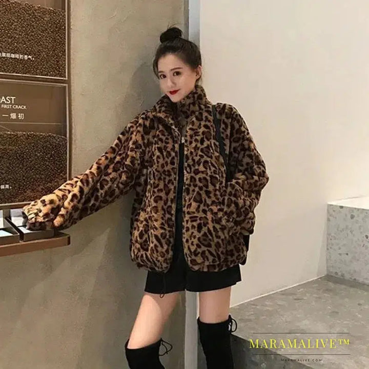 Autumn Fuzzy Leopard Print Jacket Women Fashion Stand Collar Warm Parkas Outwear Winter Female Loose Faux Fur Coats New