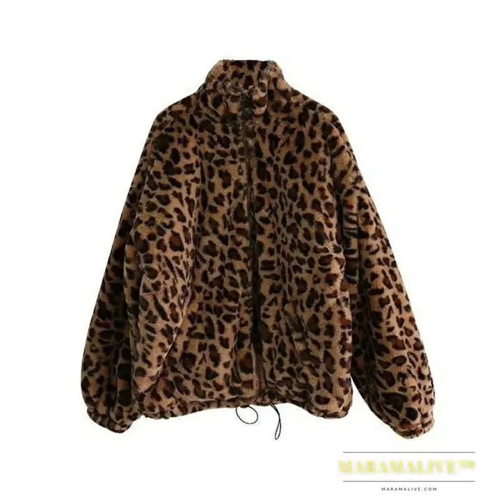 Autumn Fuzzy Leopard Print Jacket Women Fashion Stand Collar Warm Parkas Outwear Winter Female Loose Faux Fur Coats New