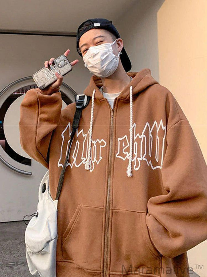 Autumn Men's Letter Foam Print Zip up Hoodies Y2K Goth Streetwear Loose Sweatshirts Female Hip Hop Oversized Hoodie Tracksuit