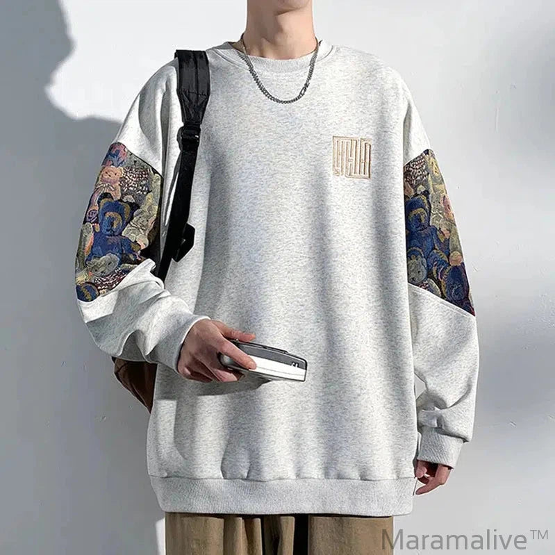 Autumn New Men's Sweatshirts Bear Pattern Patchwork Oversized Male Clothing Embroidery Design Round Neck Pullover Tops