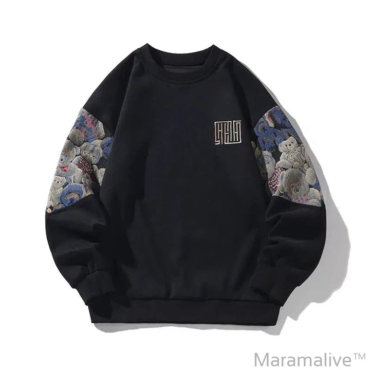 Autumn New Men's Sweatshirts Bear Pattern Patchwork Oversized Male Clothing Embroidery Design Round Neck Pullover Tops