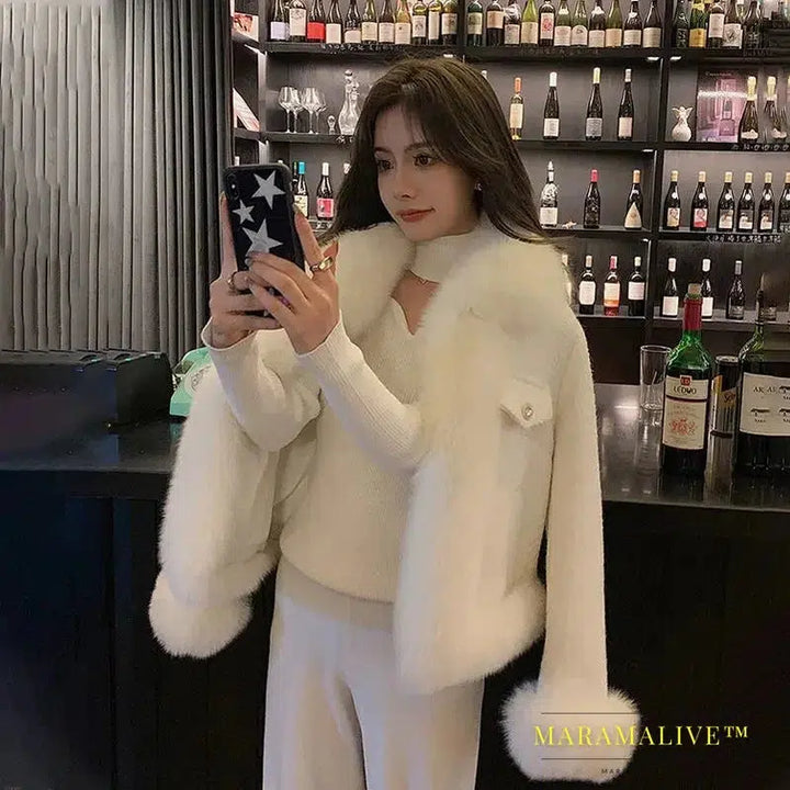 Autumn Winter Formal Tweed Thick Jackets Women'S Elegant Loose Fur Collar Splicing Fur Coat Imitation Fox Fur