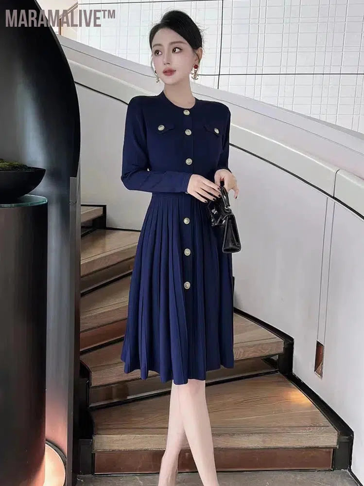 Autumn Winter Long Sleeve Knitting Sweater Dresses for Women 2024 New Designer Buttons Solid Pleated Knee Length Dress Blue