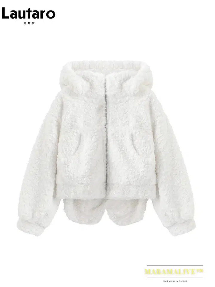 Autumn Winter Sweet Cute Lovely Warm Soft White Short Faux Fur Coat Women with Bunny Ears Fluffy Jacket Hoodie 2023