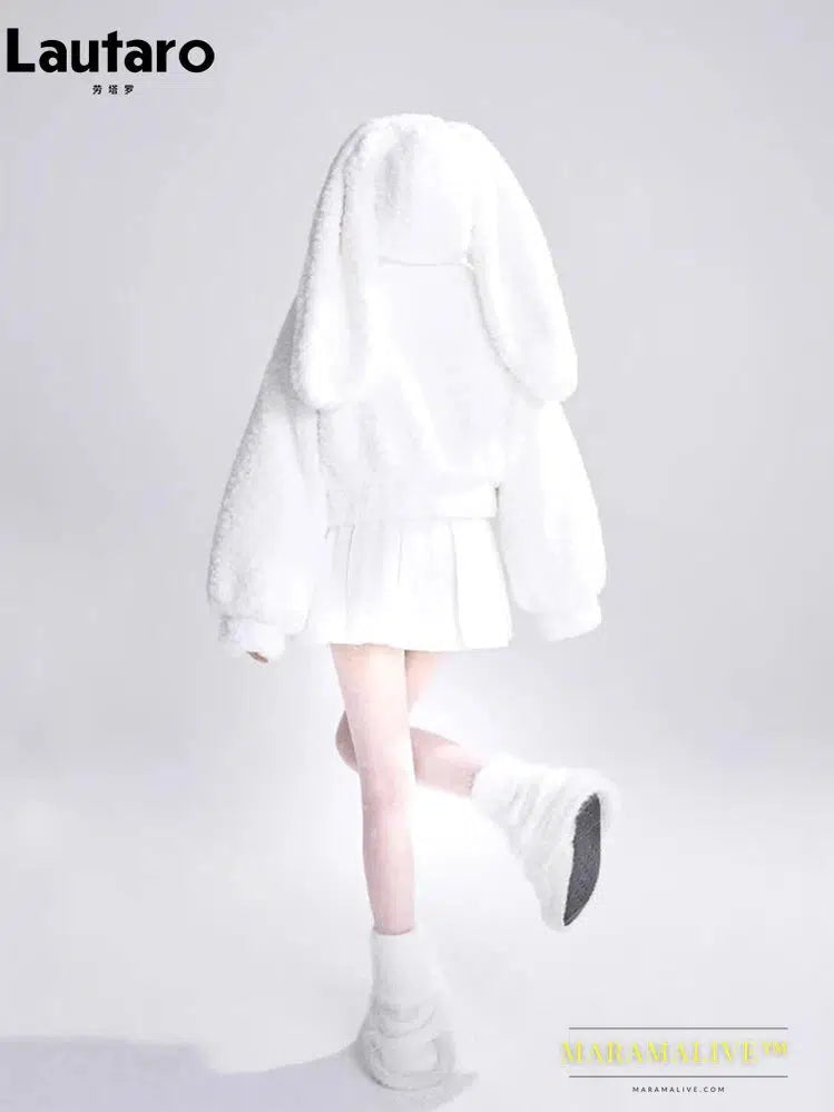 Autumn Winter Sweet Cute Lovely Warm Soft White Short Faux Fur Coat Women with Bunny Ears Fluffy Jacket Hoodie 2023