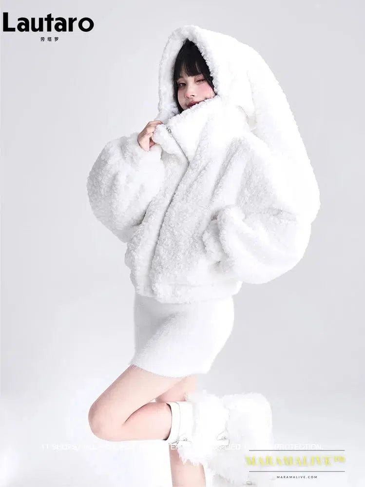 Autumn Winter Sweet Cute Lovely Warm Soft White Short Faux Fur Coat Women with Bunny Ears Fluffy Jacket Hoodie 2023