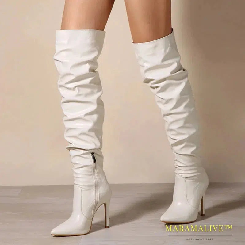 Autumn Winter Thigh High Boots Women Fashion Design Pleated Leather Over The Knee Shoes Pointed Toe Zip Stiletto Heels