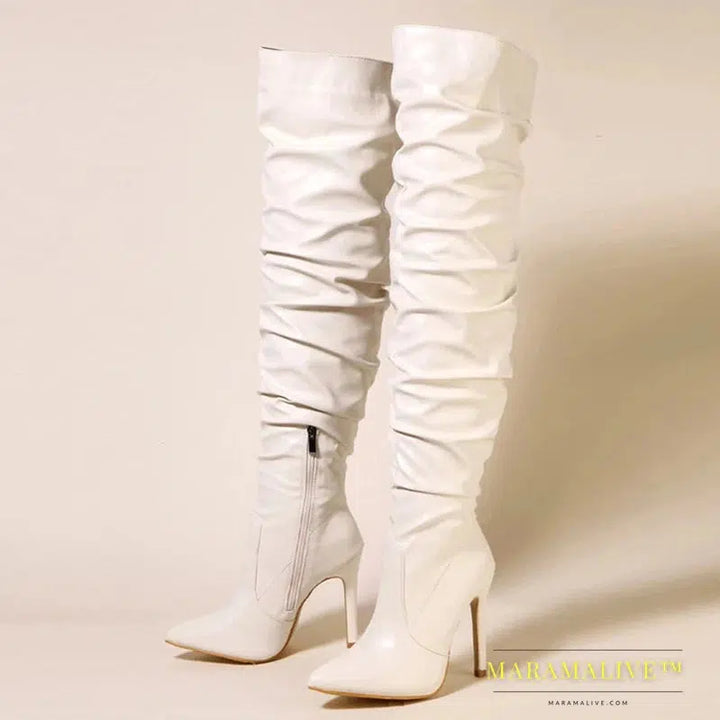 Autumn Winter Thigh High Boots Women Fashion Design Pleated Leather Over The Knee Shoes Pointed Toe Zip Stiletto Heels