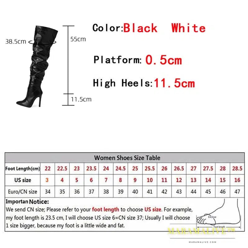 Autumn Winter Thigh High Boots Women Fashion Design Pleated Leather Over The Knee Shoes Pointed Toe Zip Stiletto Heels