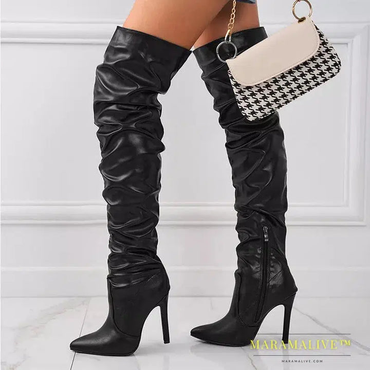 Autumn Winter Thigh High Boots Women Fashion Design Pleated Leather Over The Knee Shoes Pointed Toe Zip Stiletto Heels