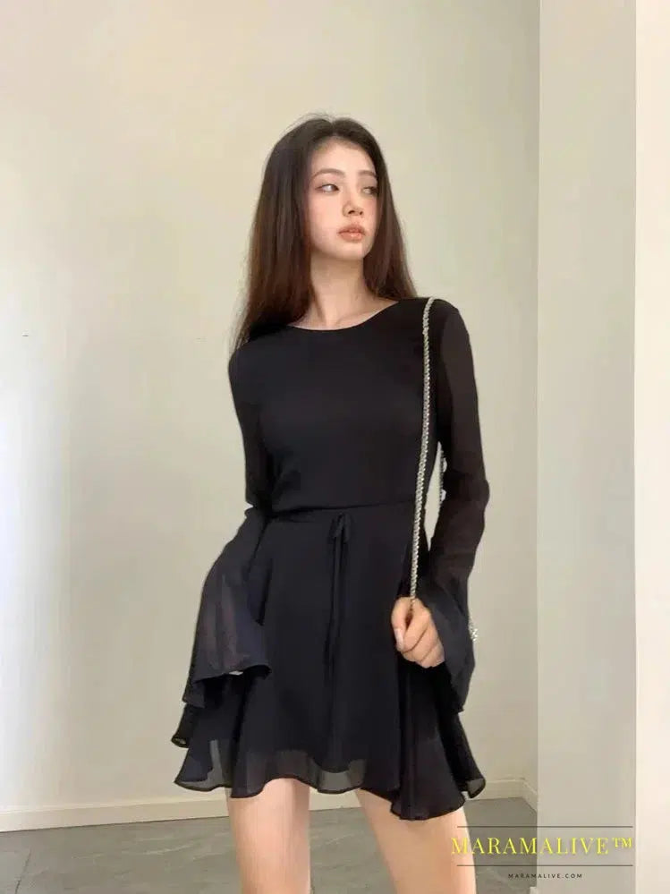 Backless Black Dress Women Elegant Back Hollow Out Lace-up Long Sleeve Mesh Patchwork Sexy Slim Ruffle Mini Dress Party