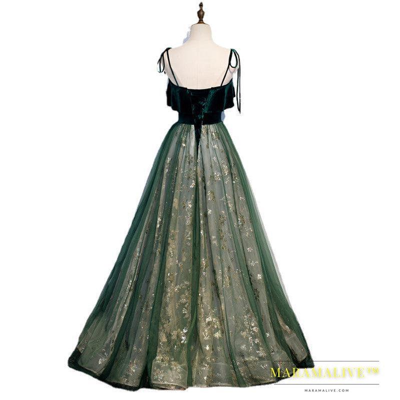 Banquet Sling Temperament Long Dress Dark Green Fantasy Mori