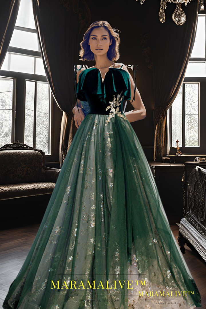 Banquet Sling Temperament Long Dress Dark Green Fantasy Mori