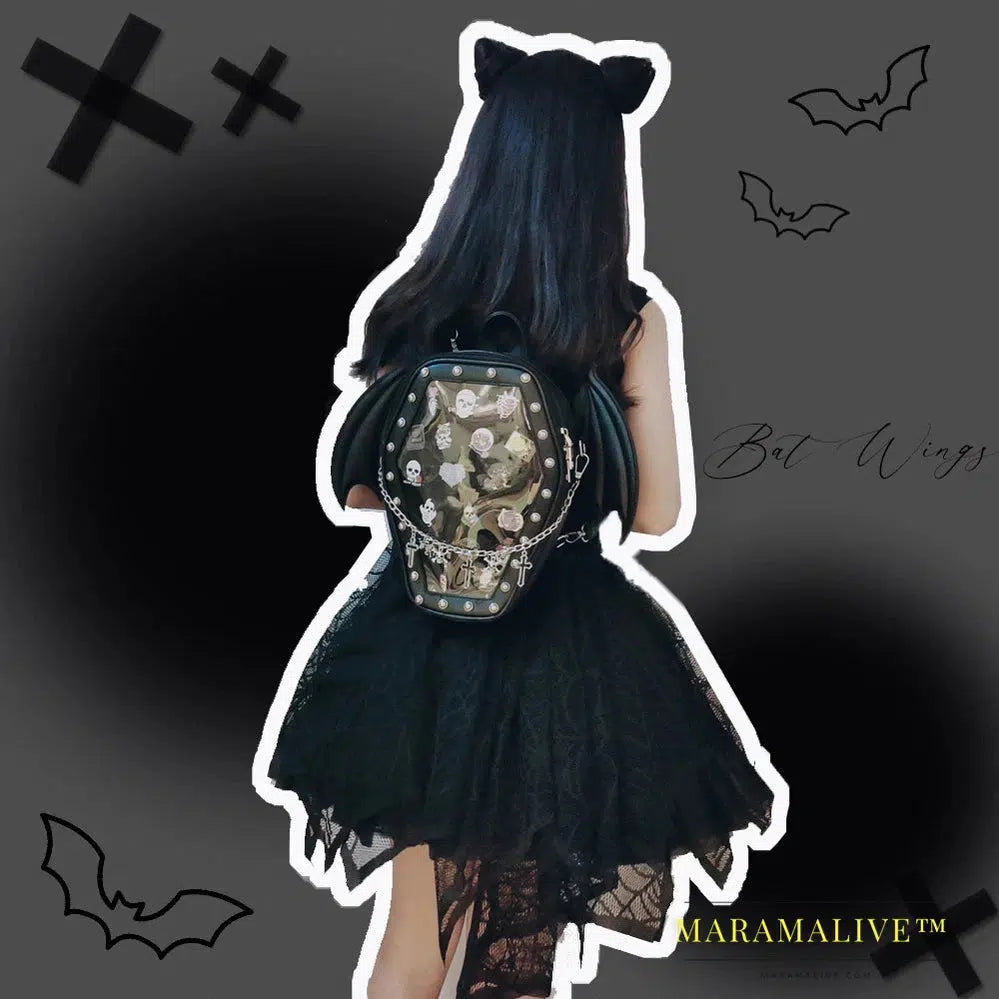 Bat Wings Ita Backpack Enamel Pin Display Shoulder Bag Goth Pin Collector Female Small Clear School Bag Punk Ita Purse Bag