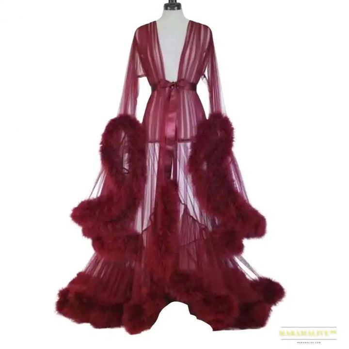 Bathrobe for Women Flare Sleeves Feather Bridal Robe Nightgown Silk Illusion Long Wedding Scarf Dressing Gown Photography Dress