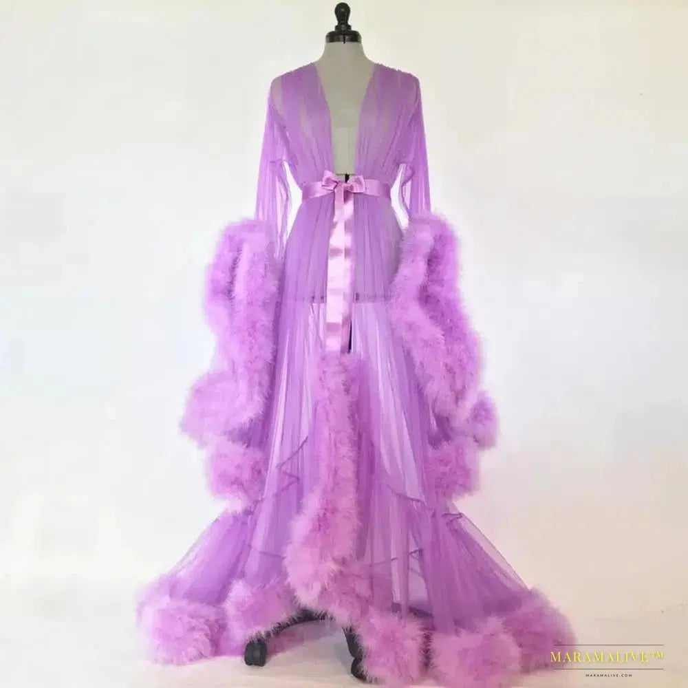 Bathrobe for Women Flare Sleeves Feather Bridal Robe Nightgown Silk Illusion Long Wedding Scarf Dressing Gown Photography Dress