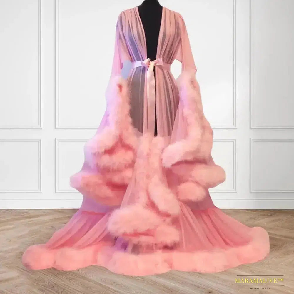 Bathrobe for Women Flare Sleeves Feather Bridal Robe Nightgown Silk Illusion Long Wedding Scarf Dressing Gown Photography Dress