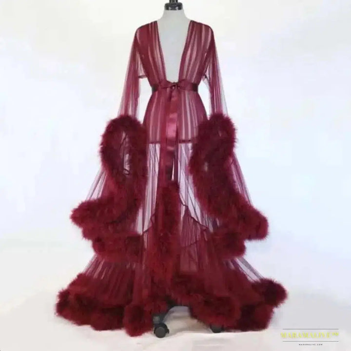 Bathrobe for Women Flare Sleeves Feather Bridal Robe Nightgown Silk Illusion Long Wedding Scarf Dressing Gown Photography Dress