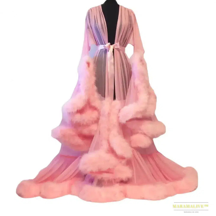 Bathrobe for Women Flare Sleeves Feather Bridal Robe Nightgown Silk Illusion Long Wedding Scarf Dressing Gown Photography Dress