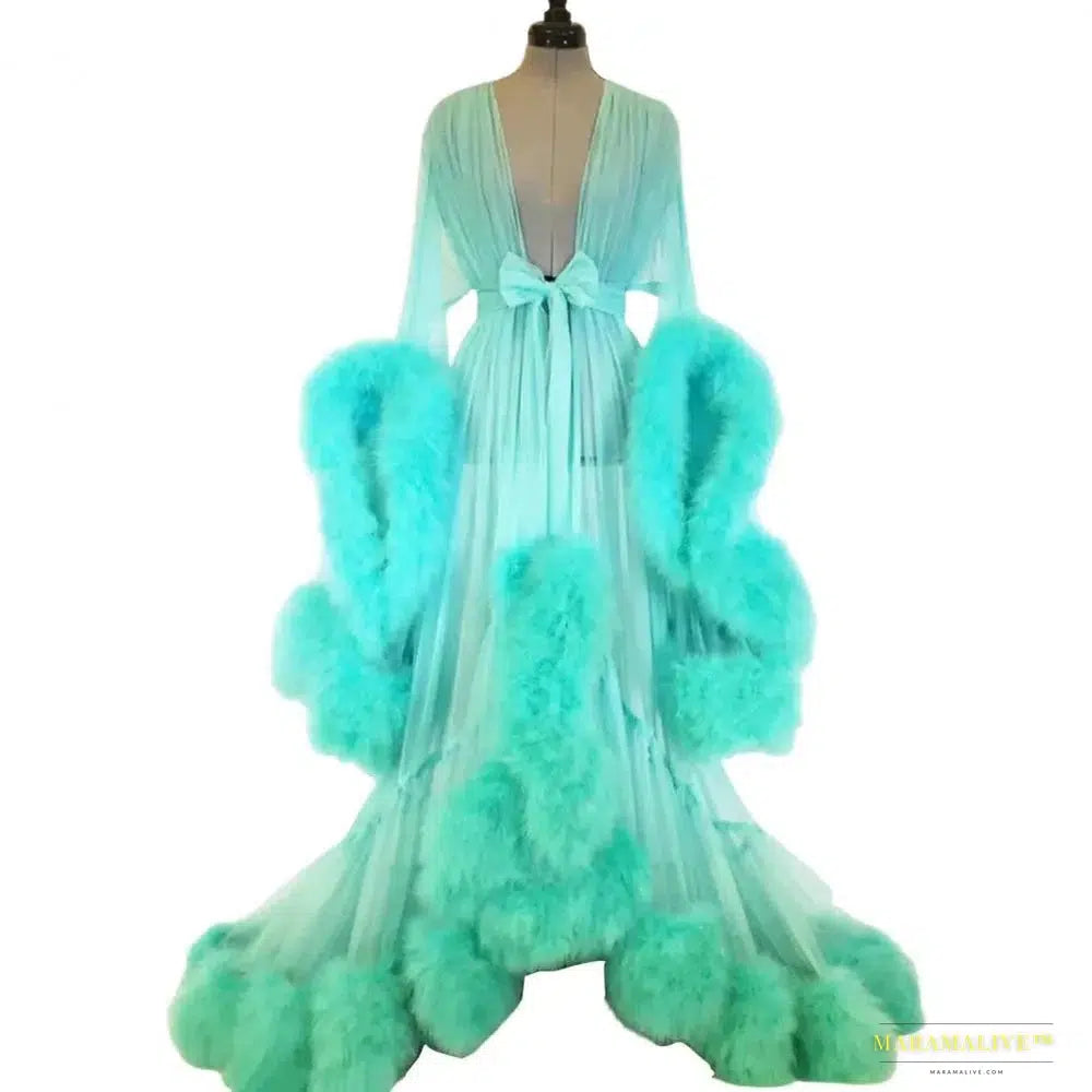 Bathrobe for Women Flare Sleeves Feather Bridal Robe Nightgown Silk Illusion Long Wedding Scarf Dressing Gown Photography Dress