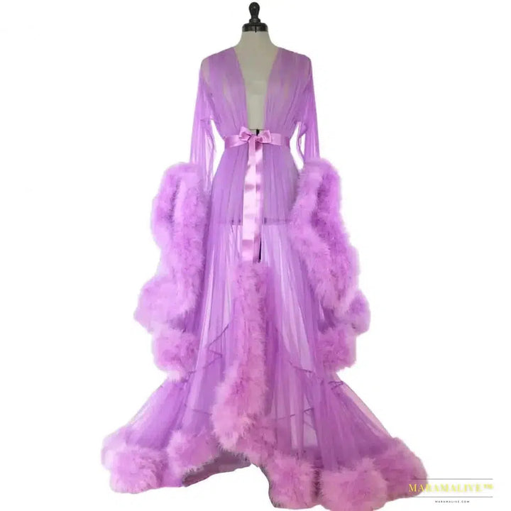 Bathrobe for Women Flare Sleeves Feather Bridal Robe Nightgown Silk Illusion Long Wedding Scarf Dressing Gown Photography Dress