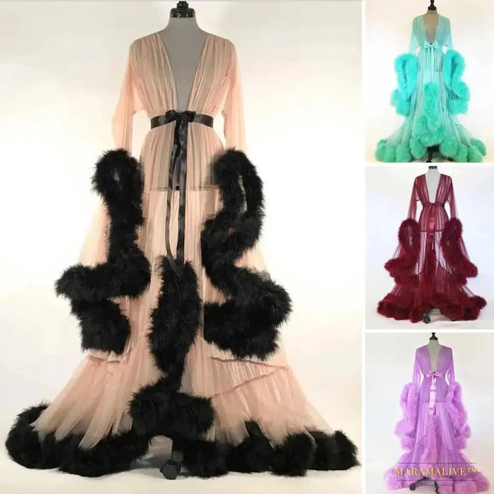 Bathrobe for Women Flare Sleeves Feather Bridal Robe Nightgown Silk Illusion Long Wedding Scarf Dressing Gown Photography Dress