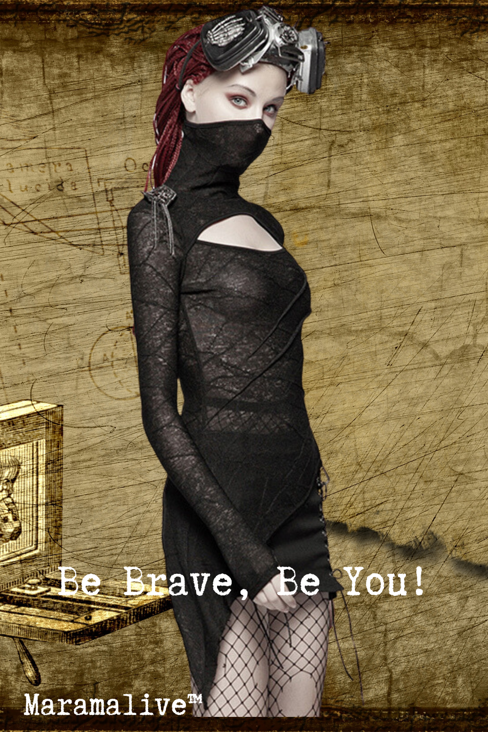A Maramalive™ woman in a Unique Gothic Lace Shirt: Unusual Peek-a-boo Long Sleeve Top with fishnet stockings.