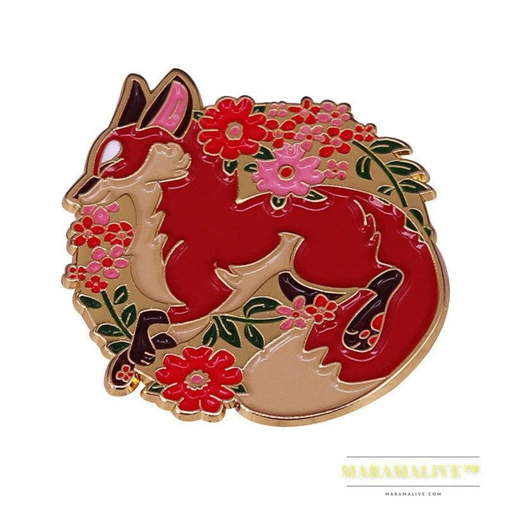 Beautiful Red Fox And Small Wild Flower Brooch