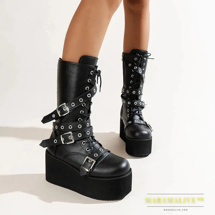 Big Size 43 Women Boots Black Lace Up Buckle Round Toe Wedges Platform Boots Punk Goth INS Women Street Shoes