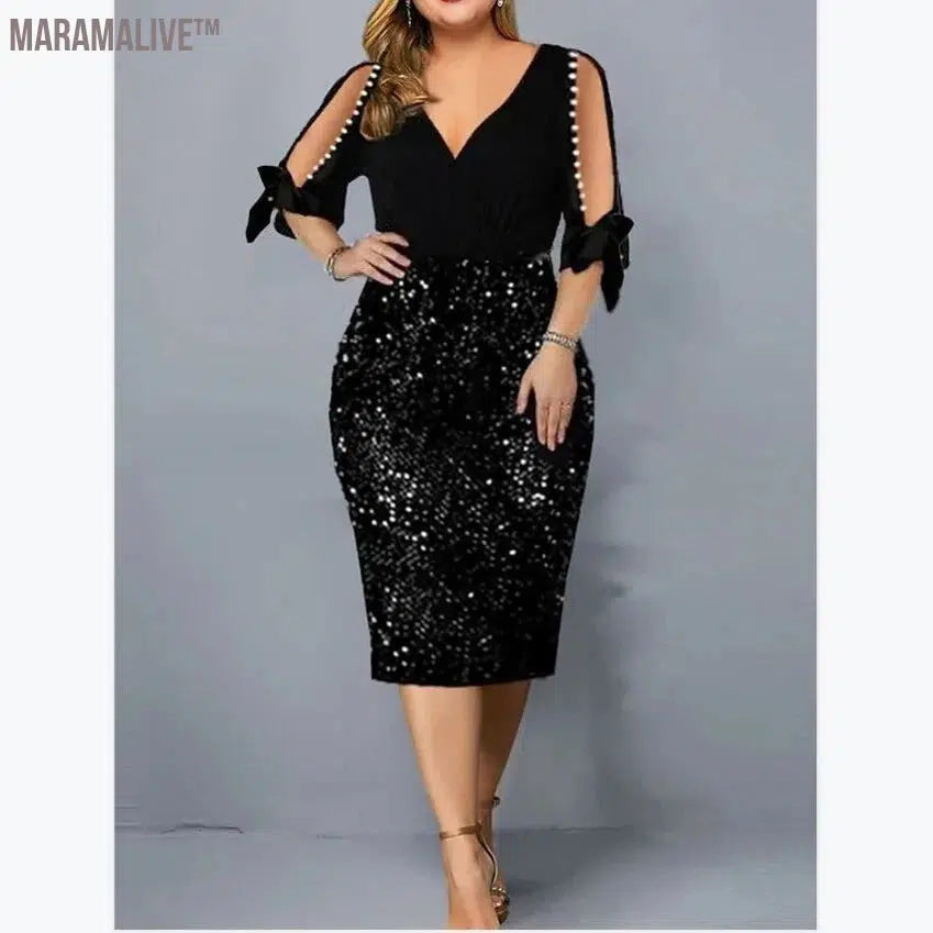 Big Size Clothing 2024 New Summer Loose Woman Slim Dress Sexy V Neck Personalized Sequin Design Plus Size Dress Party Vestidos