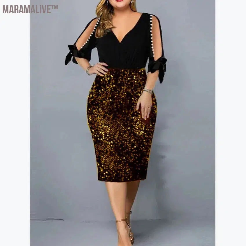 Big Size Clothing 2024 New Summer Loose Woman Slim Dress Sexy V Neck Personalized Sequin Design Plus Size Dress Party Vestidos