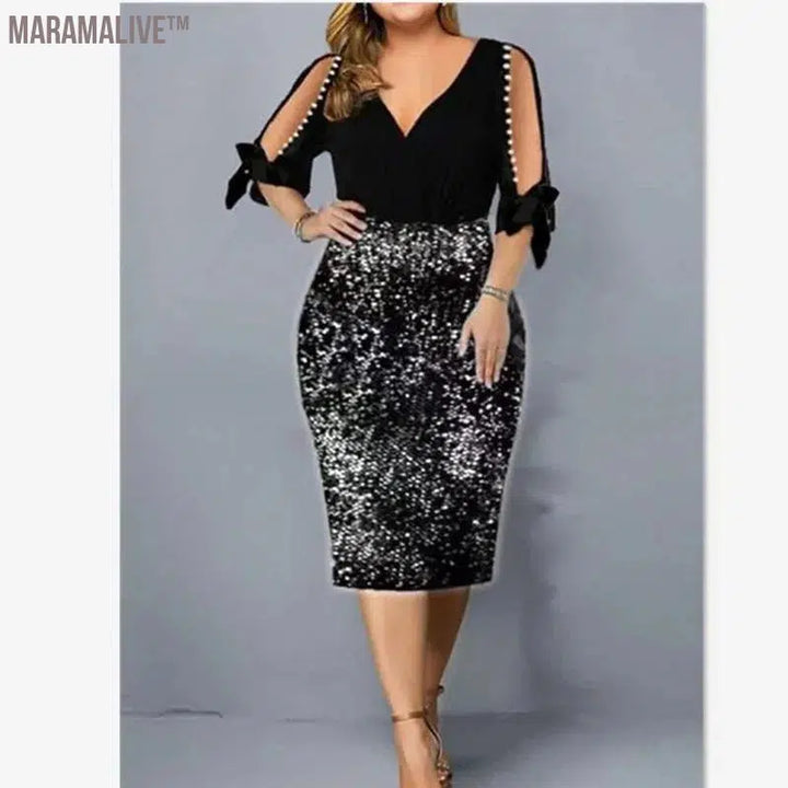 Big Size Clothing 2024 New Summer Loose Woman Slim Dress Sexy V Neck Personalized Sequin Design Plus Size Dress Party Vestidos