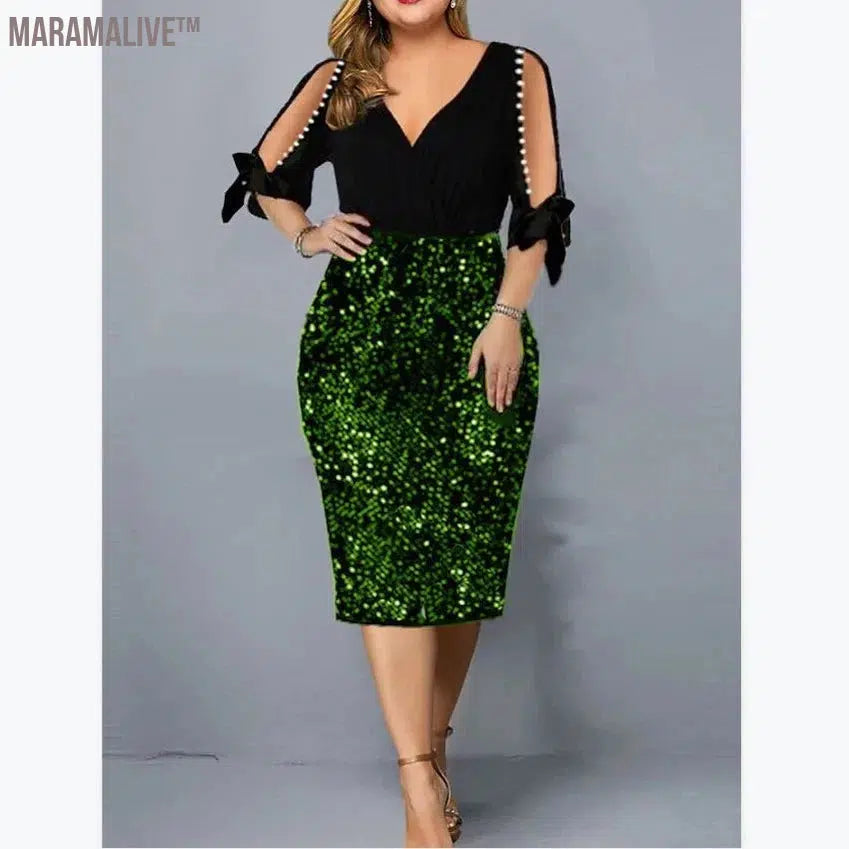 Big Size Clothing 2024 New Summer Loose Woman Slim Dress Sexy V Neck Personalized Sequin Design Plus Size Dress Party Vestidos