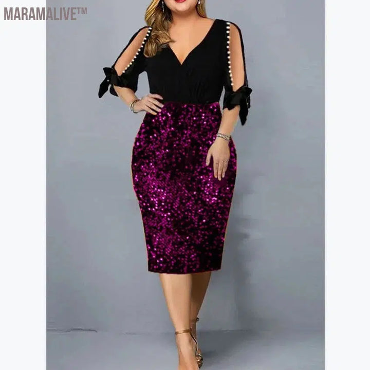 Big Size Clothing 2024 New Summer Loose Woman Slim Dress Sexy V Neck Personalized Sequin Design Plus Size Dress Party Vestidos