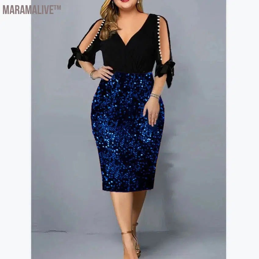 Big Size Clothing 2024 New Summer Loose Woman Slim Dress Sexy V Neck Personalized Sequin Design Plus Size Dress Party Vestidos