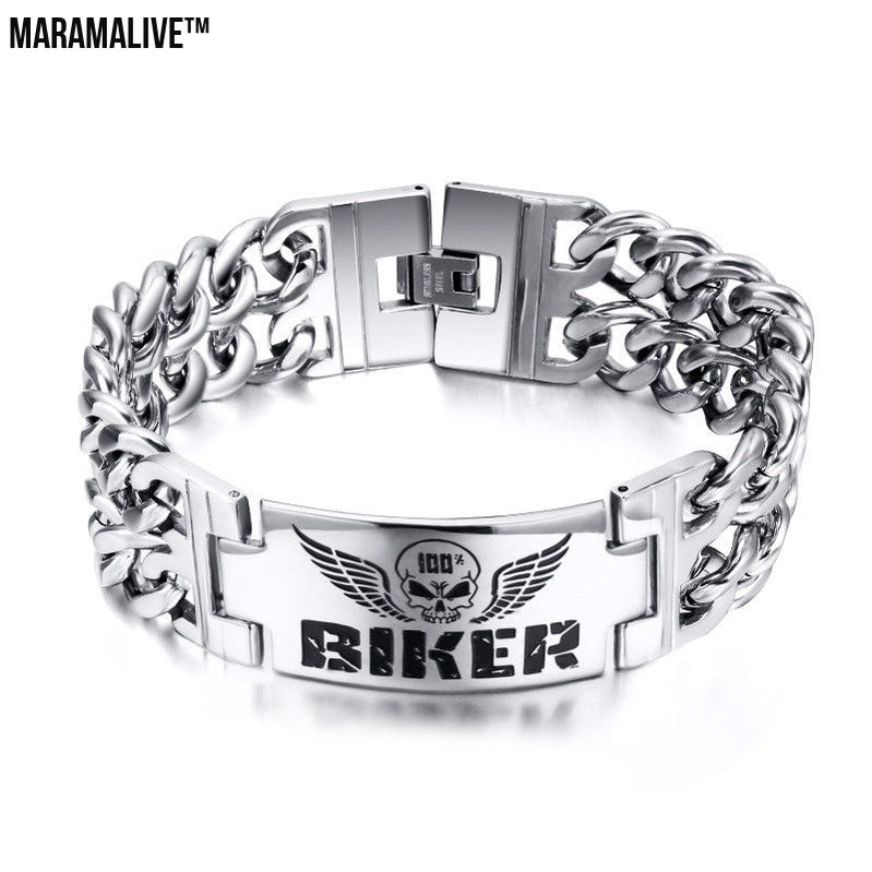 Biker Bracelets Men''s Jewelry 316L Stainless Steel Skull Double Chain Charm Gift