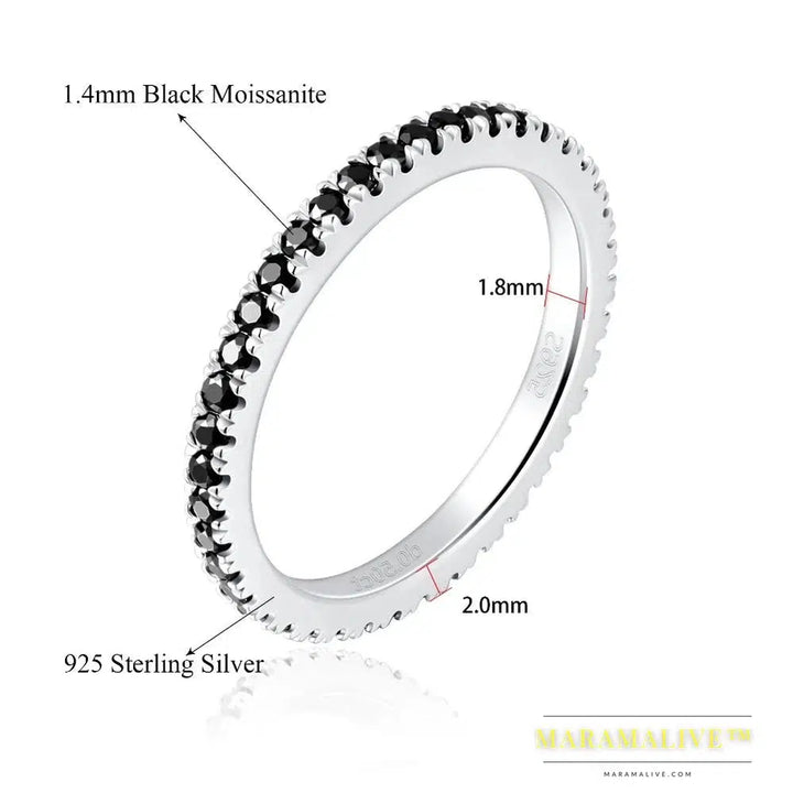 Black 1.4mm Moissanite Band, Silver & White Gold Plated