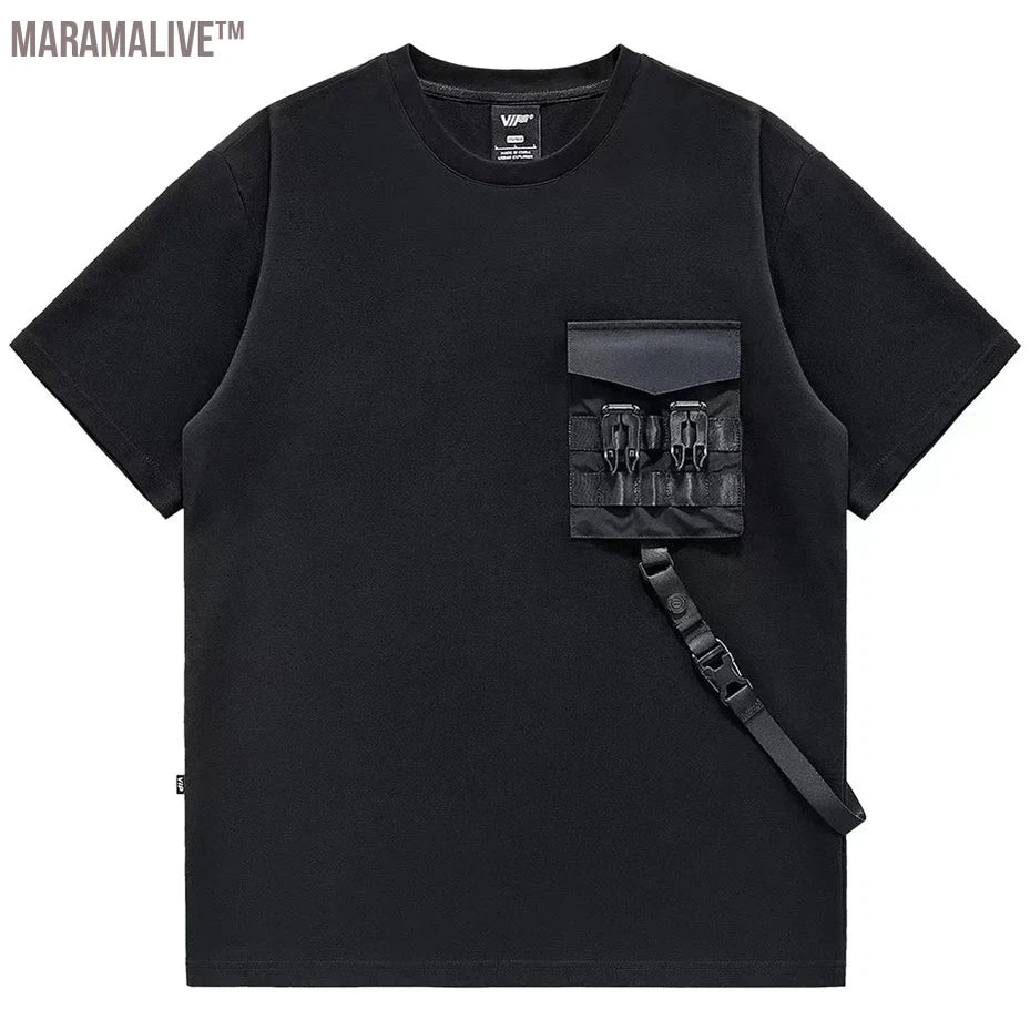 Black Cargo T shirt Men Summer TShirt Harajuku Techwear Short Sleeve Tops Tee Male T-shirt Pocket Design Tactical Function