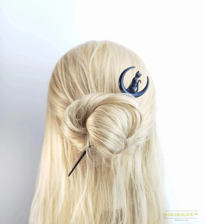 Black Cat Elf 17*4cm Hairpin - Lunar Hair Stick - Pagan Gothic Viking Hair Accessory - Unique Dark Jewelry Gift