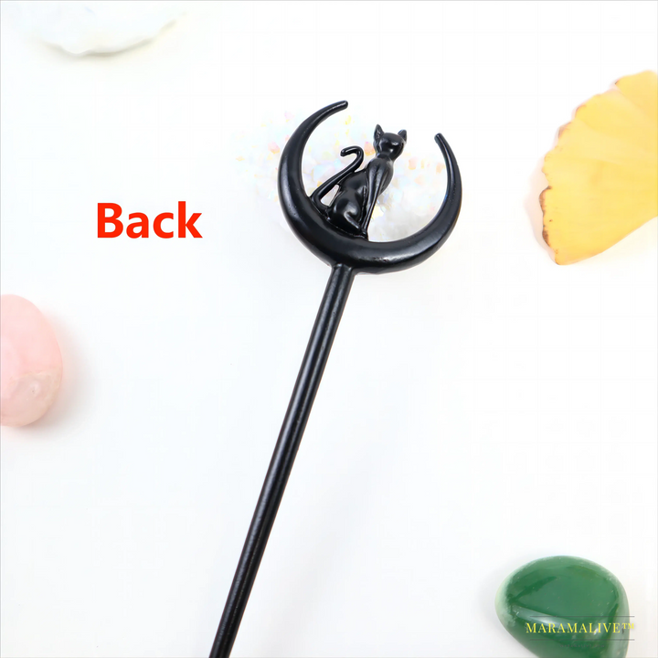 Black Cat Elf 17*4cm Hairpin - Lunar Hair Stick - Pagan Gothic Viking Hair Accessory - Unique Dark Jewelry Gift