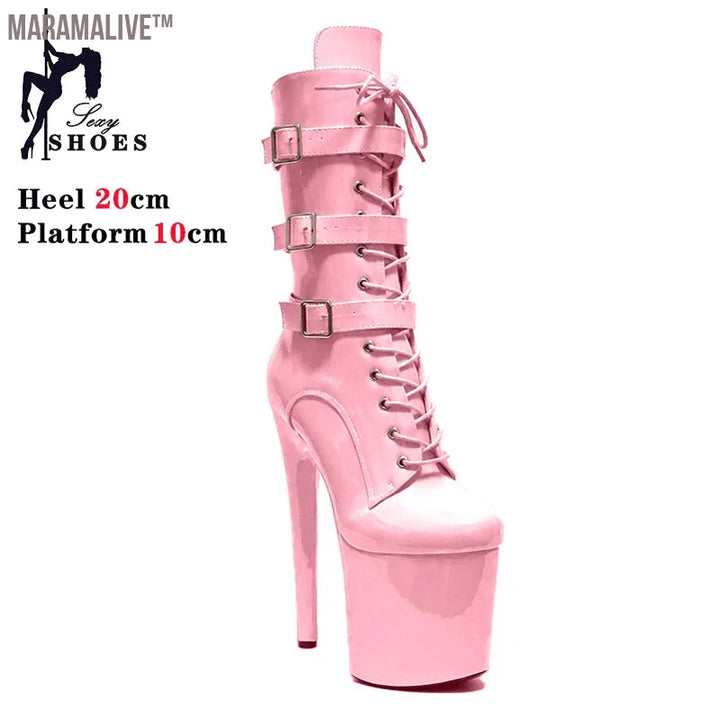 Black Fashionable Women's Ankle Boots with Round Toe Side Zip Short Boots for Pole Dance Platform Heels Three Belt Buckle