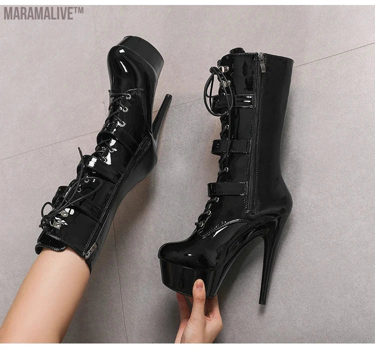 Black Fashionable Women's Ankle Boots with Round Toe Side Zip Short Boots for Pole Dance Platform Heels Three Belt Buckle