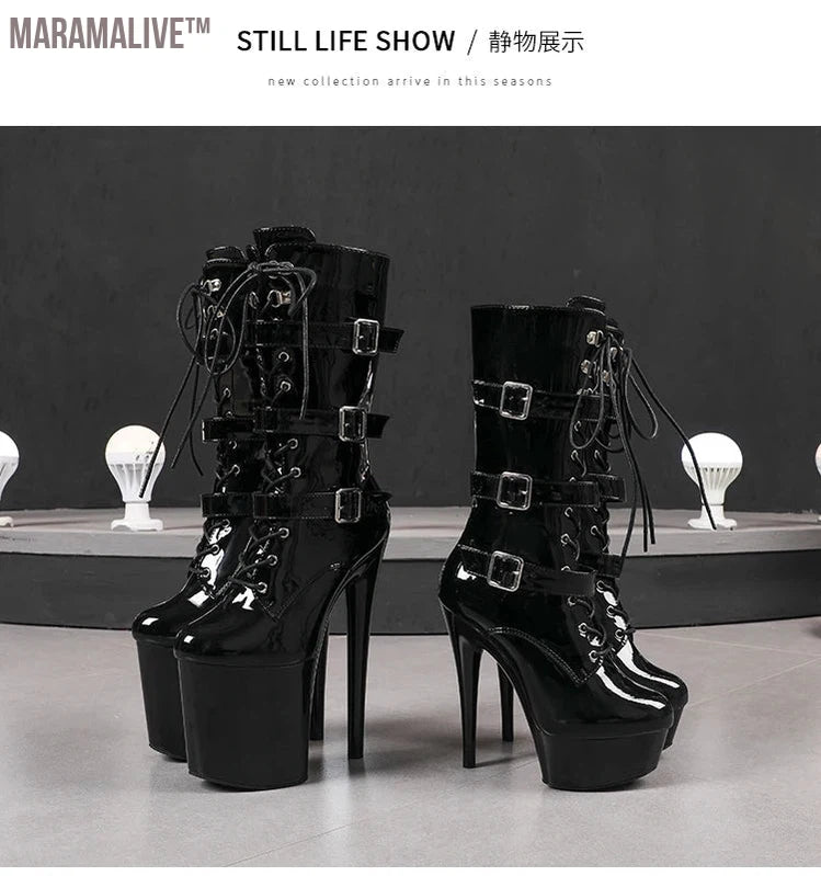 Black Fashionable Women's Ankle Boots with Round Toe Side Zip Short Boots for Pole Dance Platform Heels Three Belt Buckle